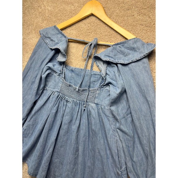 Free People XS Chambray Denim Ruffle Collar Cottagecore Long Sleeve Tie Back Top - Picture 13 of 14